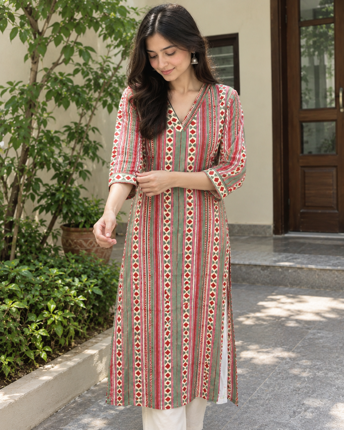 Handblocked Ajrakh Print Cotton Kurta with V-Neck