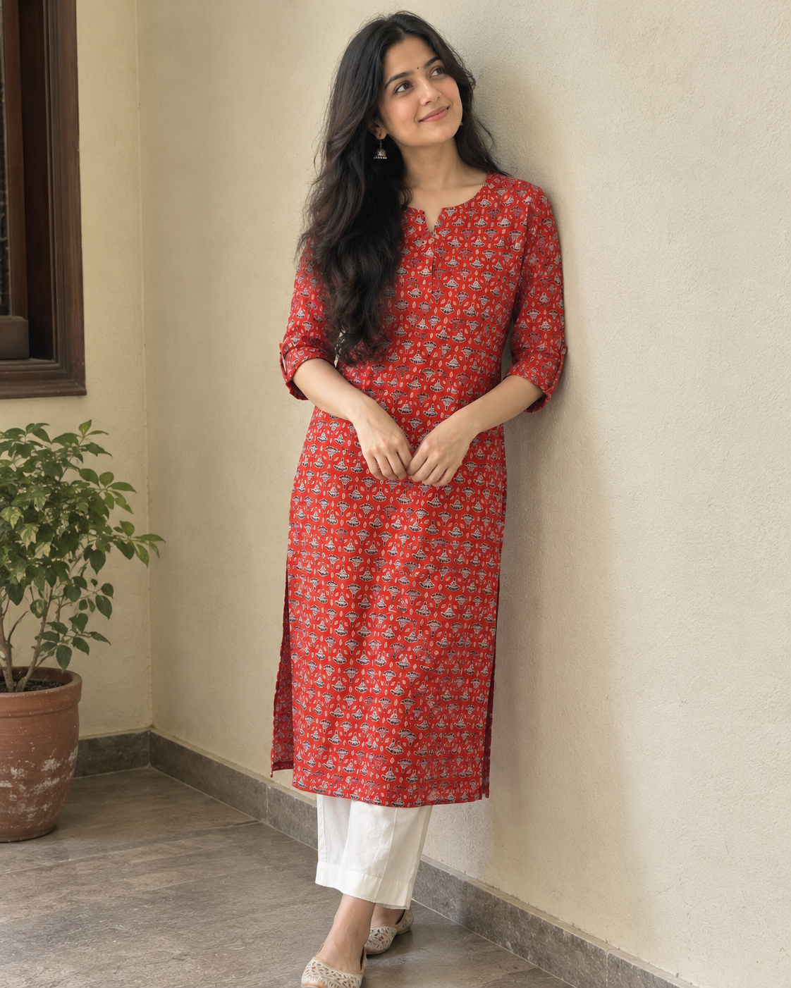 Ajrakh Hand Block Printed Cotton Kurta | Traditional Straight Fit 3/4 Sleeve Kurta