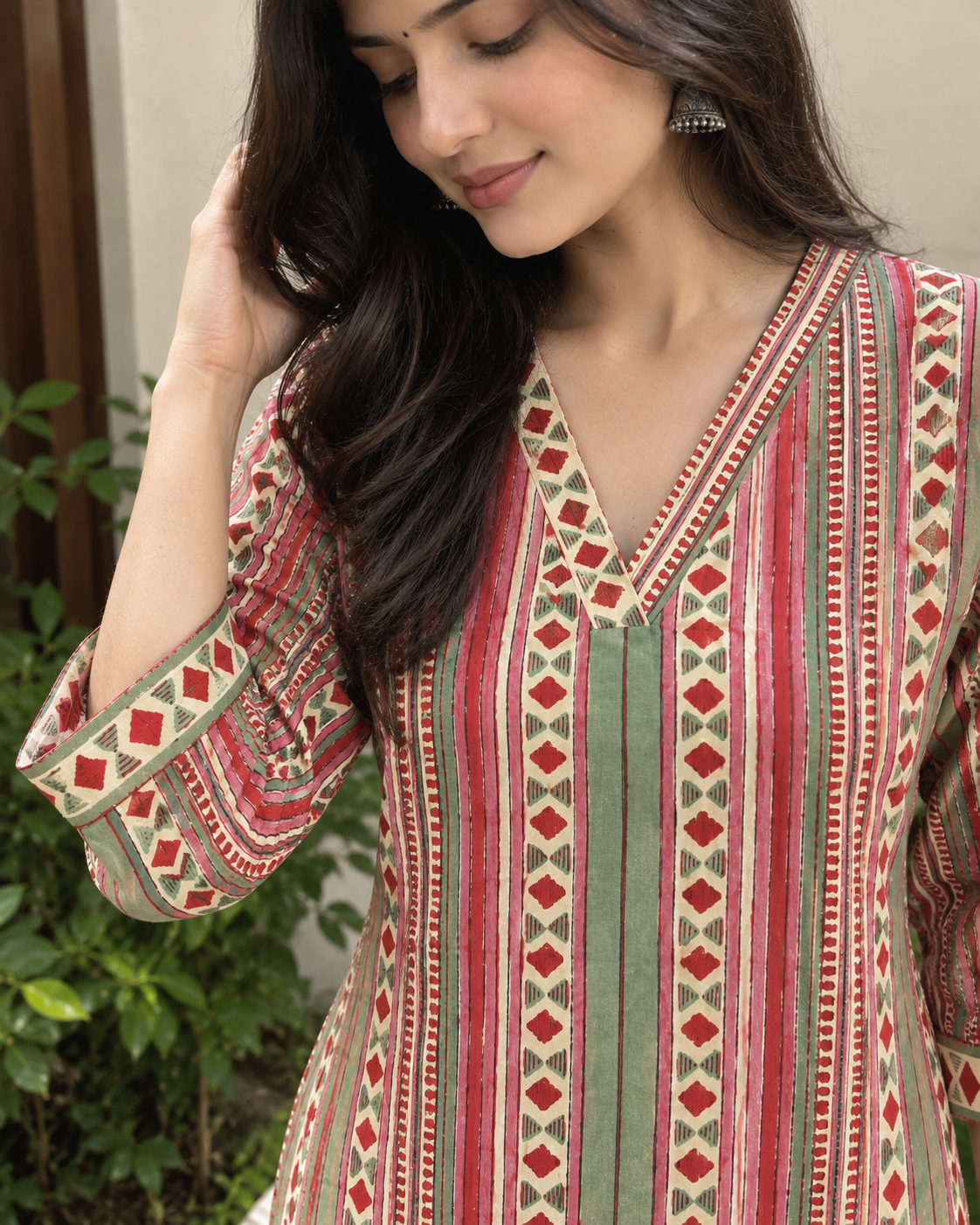 Handblocked Ajrakh Print Cotton Kurta with V-Neck
