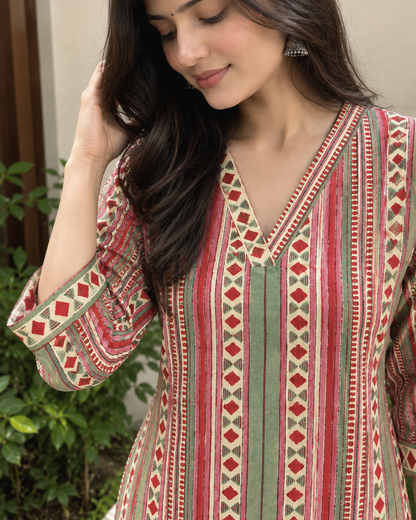 Handblocked Ajrakh Print Cotton Kurta with V-Neck