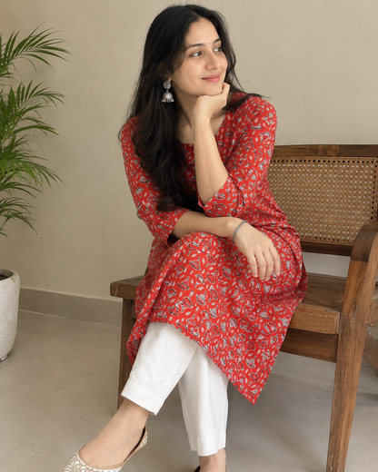 Ajrakh Hand Block Printed Cotton Kurta | Traditional Straight Fit 3/4 Sleeve Kurta