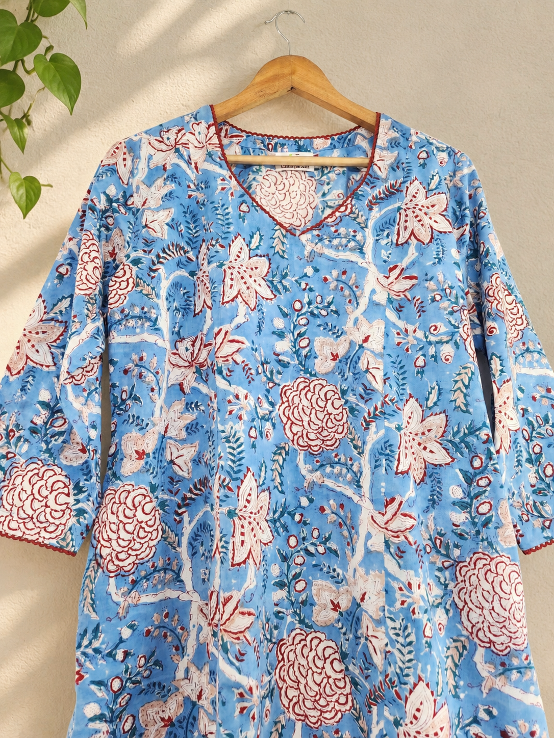 Blue Floral Handblock Printed Cotton Kurta with V-Neck & Side Pockets