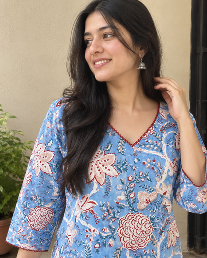 Blue Floral Handblock Printed Cotton Kurta with V-Neck & Side Pockets