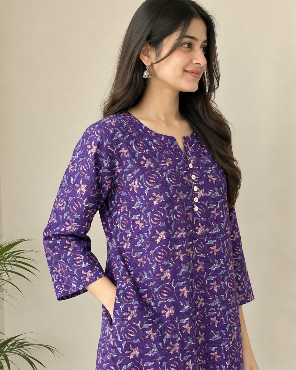 Purple Handprinted Cotton A-Line Kurta with Floral Motifs & Button Placket