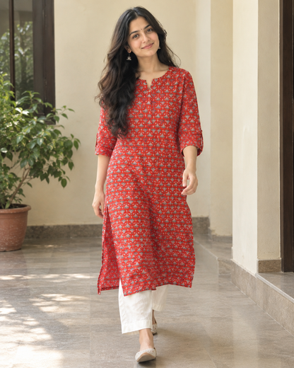 Ajrakh Hand Block Printed Cotton Kurta | Traditional Straight Fit 3/4 Sleeve Kurta