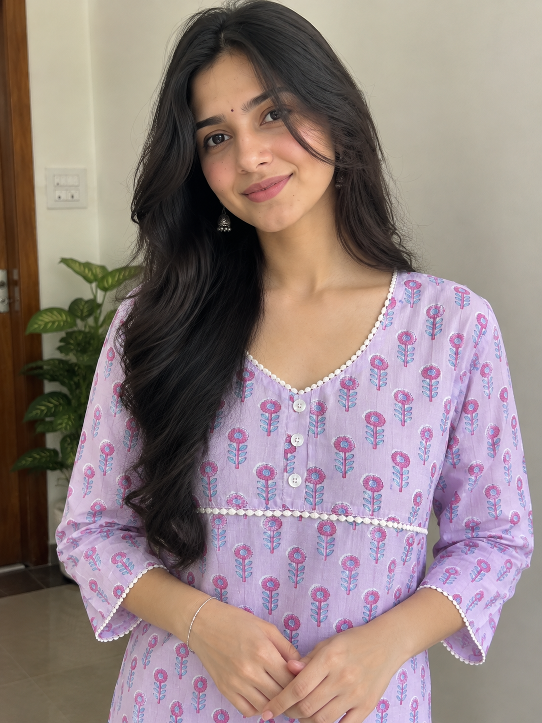 Lilac Handblock Printed Cotton Straight Fit Kurta with Crochet Lace & Side Pockets