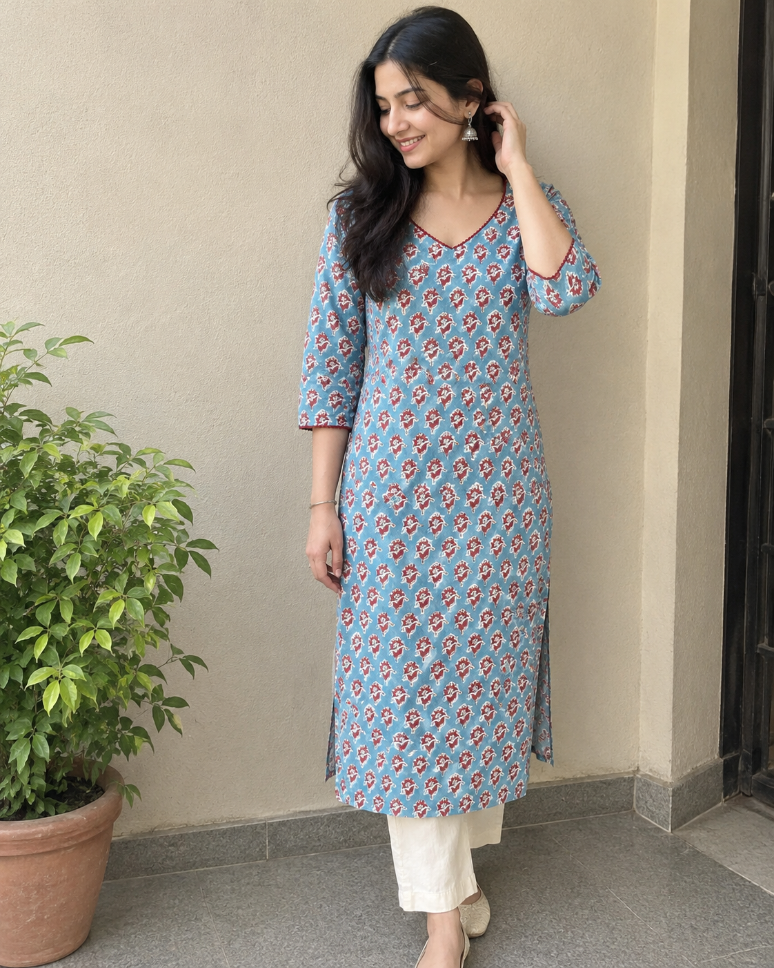 Blue Floral Handprinted Cotton Kurta with V-Neck & Three-Quarter Sleeves