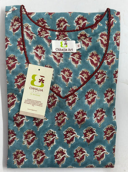 Blue Floral Handprinted Cotton Kurta with V-Neck & Three-Quarter Sleeves
