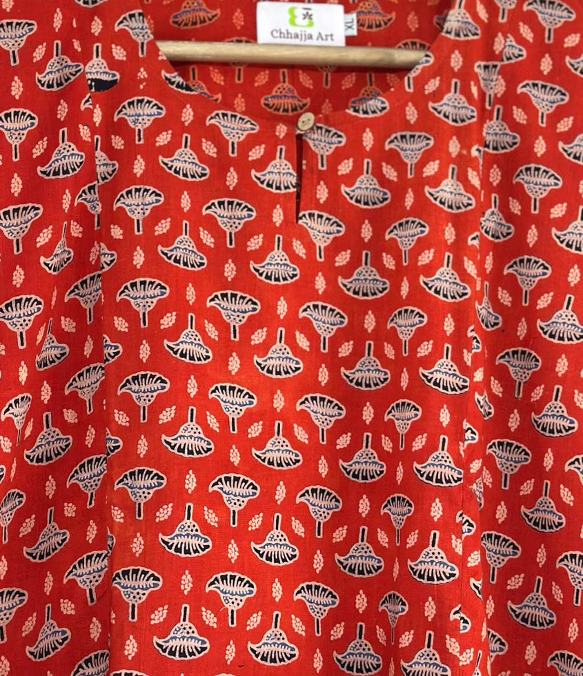 Ajrakh Hand Block Printed Cotton Kurta | Traditional Straight Fit 3/4 Sleeve Kurta