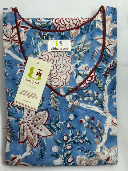 Blue Floral Handblock Printed Cotton Kurta with V-Neck & Side Pockets