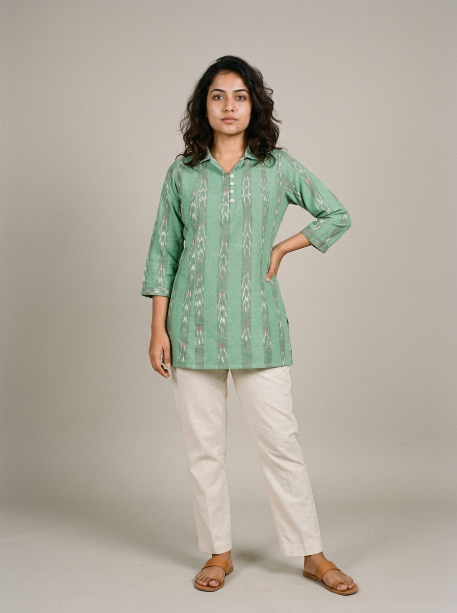 Handwoven Green Ikat Short Kurta with Coat Collar & Shell Buttons
