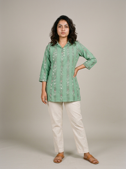 Handwoven Green Ikat Short Kurta with Coat Collar & Shell Buttons