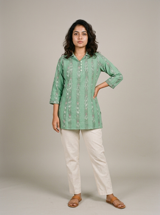 Handwoven Green Ikat Short Kurta with Coat Collar & Shell Buttons
