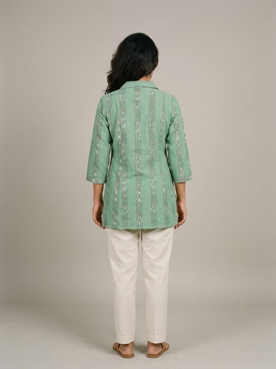 Handwoven Green Ikat Short Kurta with Coat Collar & Shell Buttons