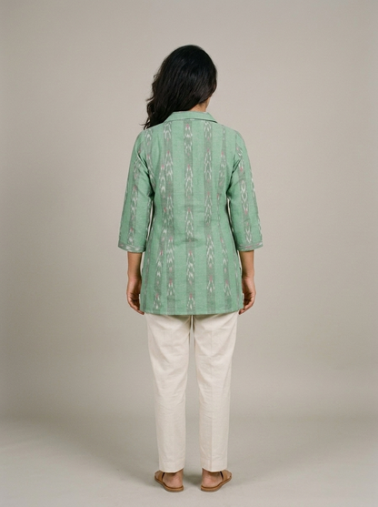 Handwoven Green Ikat Short Kurta with Coat Collar & Shell Buttons
