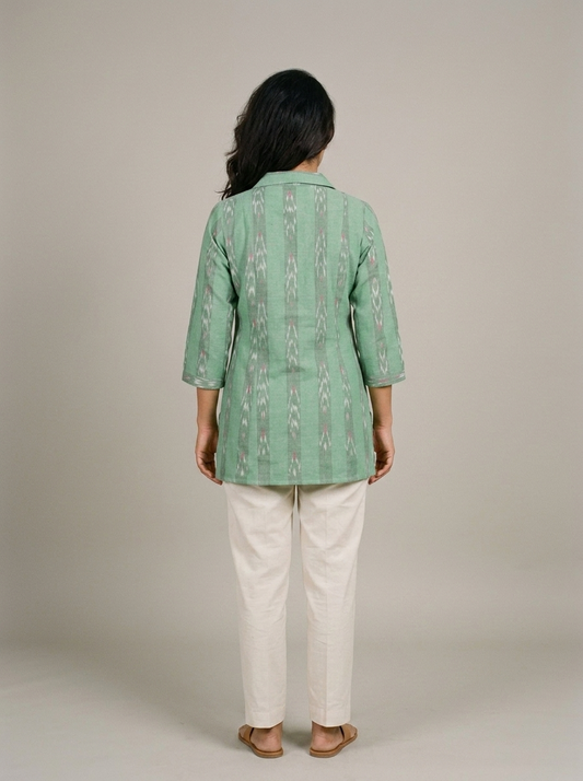 Handwoven Green Ikat Short Kurta with Coat Collar & Shell Buttons