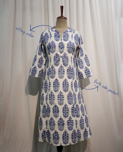 Blue Sanganeri Handblock Printed A-Line Cotton Kurta with Potli Buttons