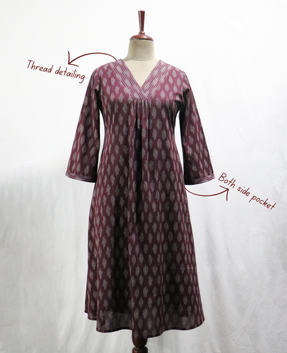 Wine Ikat Handwoven Cotton Kurta with Bell Sleeves